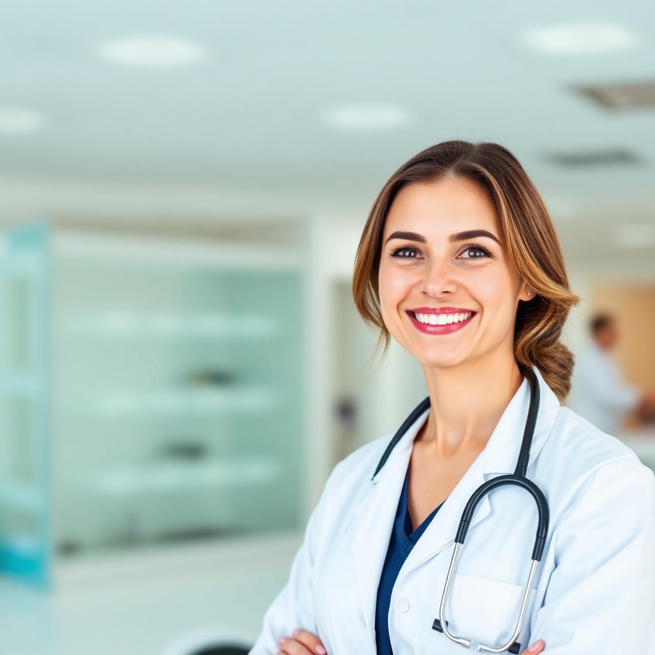 Clinical researcher smiling in a modern medical facility