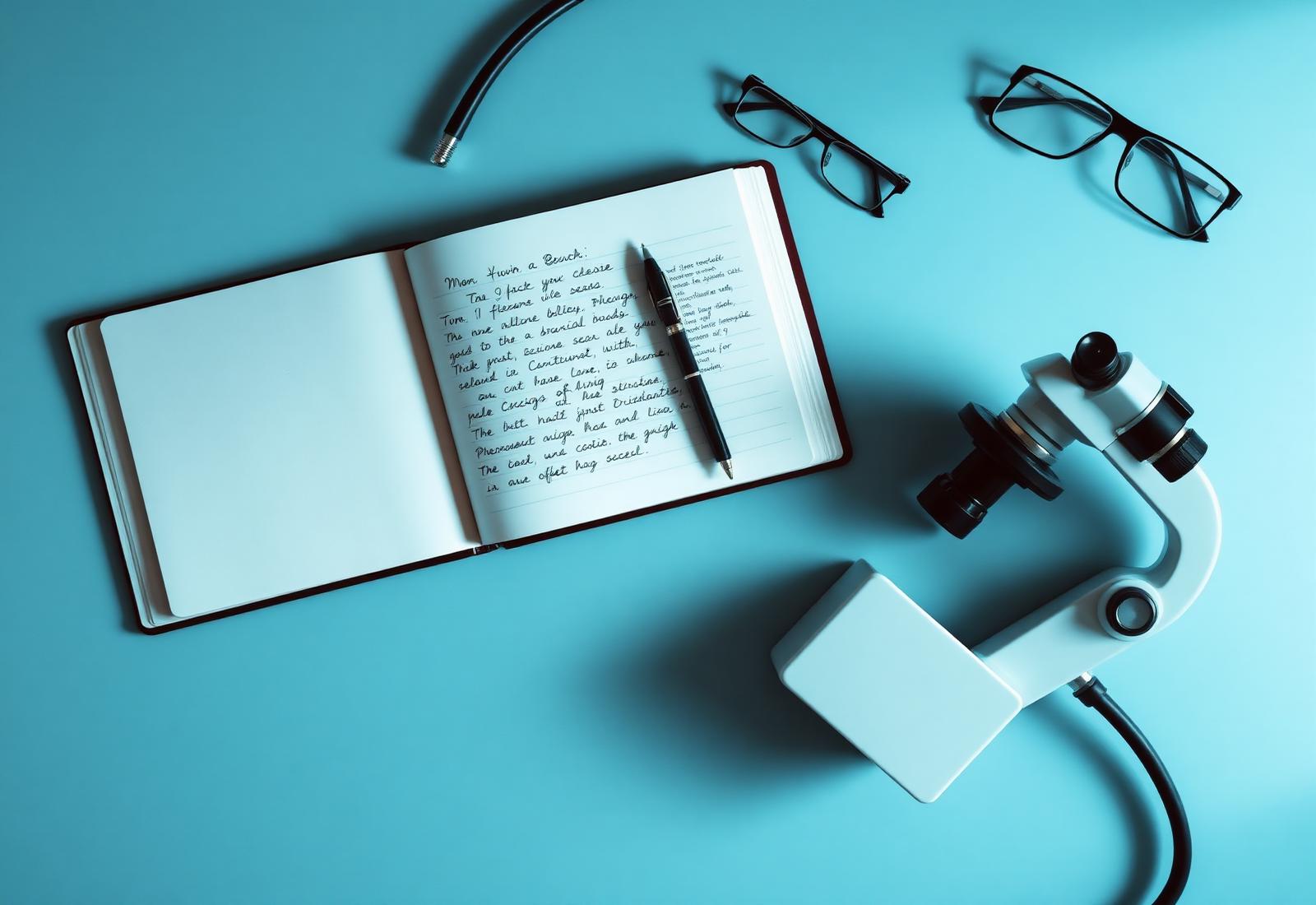 A clinician's desk with notebook and microscope